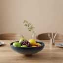 Ceramic Fruit Bowl for Kitchen Counter - 10" Decorative Bowl, Acacia wood baseLarge Decorative Bowls for Home Decor - Modern Key Bowl for Entryway Table - Pedestal Bowl for Keys Blue