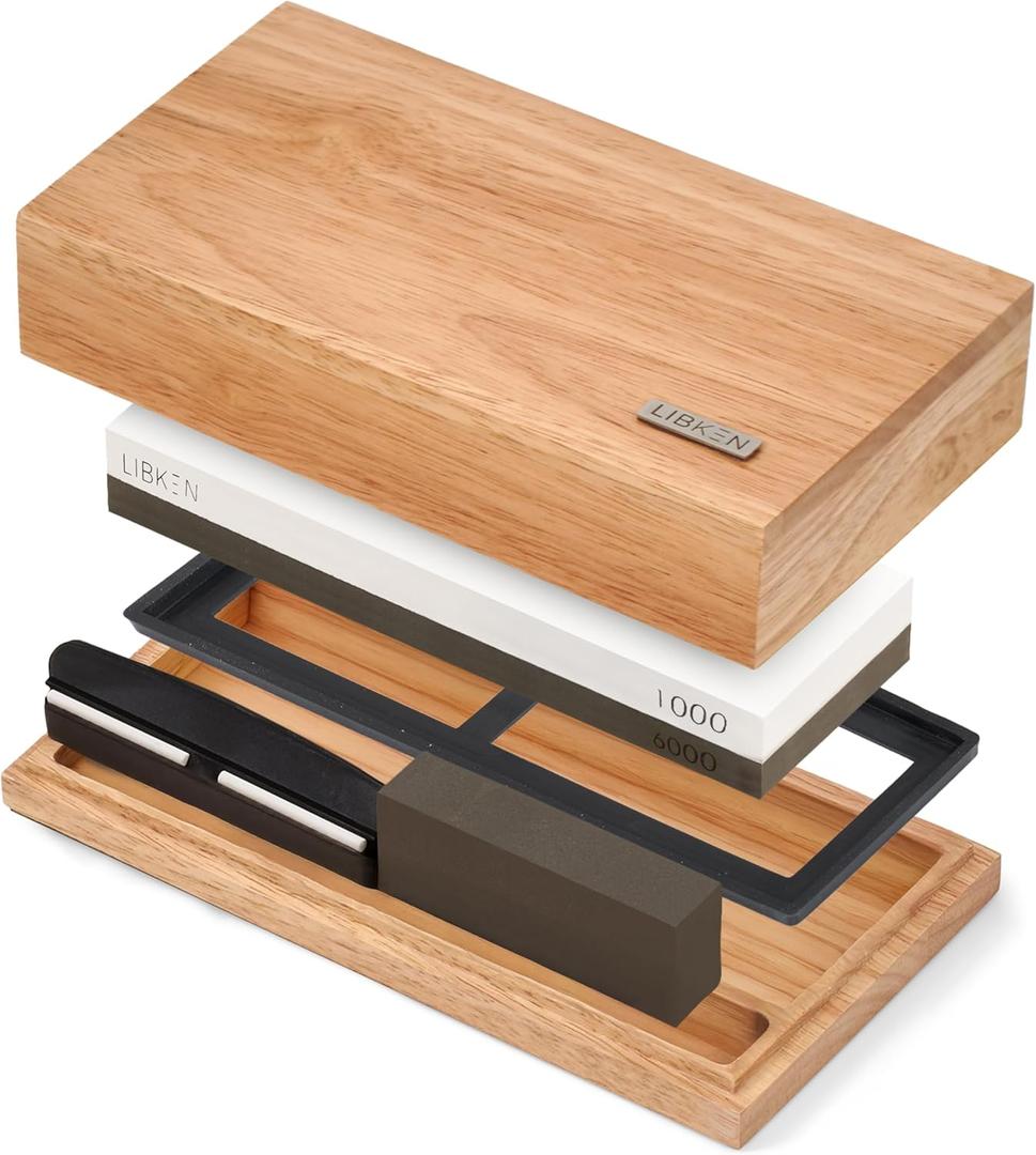 Libken Whetstone Knife Sharpening Stone Kit 1000/6000 Grit with Wooden Box  Wet Stone Sharpener Set for Kitchen Knives, BBQ, Hunting, Pocket, Scissor, Blade, Razor  Angle Guide & Flattening Stone