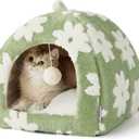Lesure Cute Cat Beds for Indoor Cats - 2 in 1 Cat Cave Bed for Kittens and Small Pets with Removable Washable Cushioned Pillow, Cozy Ktten Tent with Non-Slip Bottom, Green, 16 inches (Flower Garden Green)