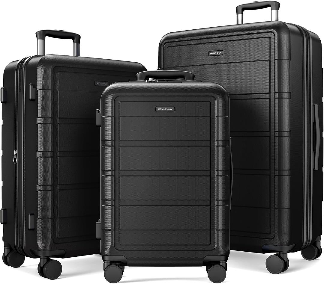 SHOWKOO Luggage Sets Expandable 100% PC Durable Suitcase Double Wheels TSA Lock Black, 20in/24in/28in