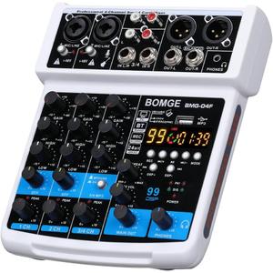 BOMGE 4 Channel mini DJ Audio Sound Mixer Interface with MP3 USB, Bluetooth, Stereo Recording, 48V Phantom Power, 99 DSP for karaoke, performance, church singing  podcas streaming- white
