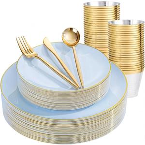 bUCLA 150PCS Blue Plastic Plates - Light Blue and Gold Disposable Include 25 Each (Dinner & Dessert) Plates, 25 Knives, 25 Forks, 25 Spoons and 25 Cups, Ideal for Party, Birthday & Wedding