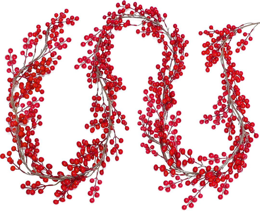 Lulu Home Red Berry Garland, 8.9FT Flexible Artificial Christmas Holly Berry Vine, Winter Berry Garland for Mantle Xmas Tree Window Door Hanging Indoor Outdoor Holiday Decoration (1)