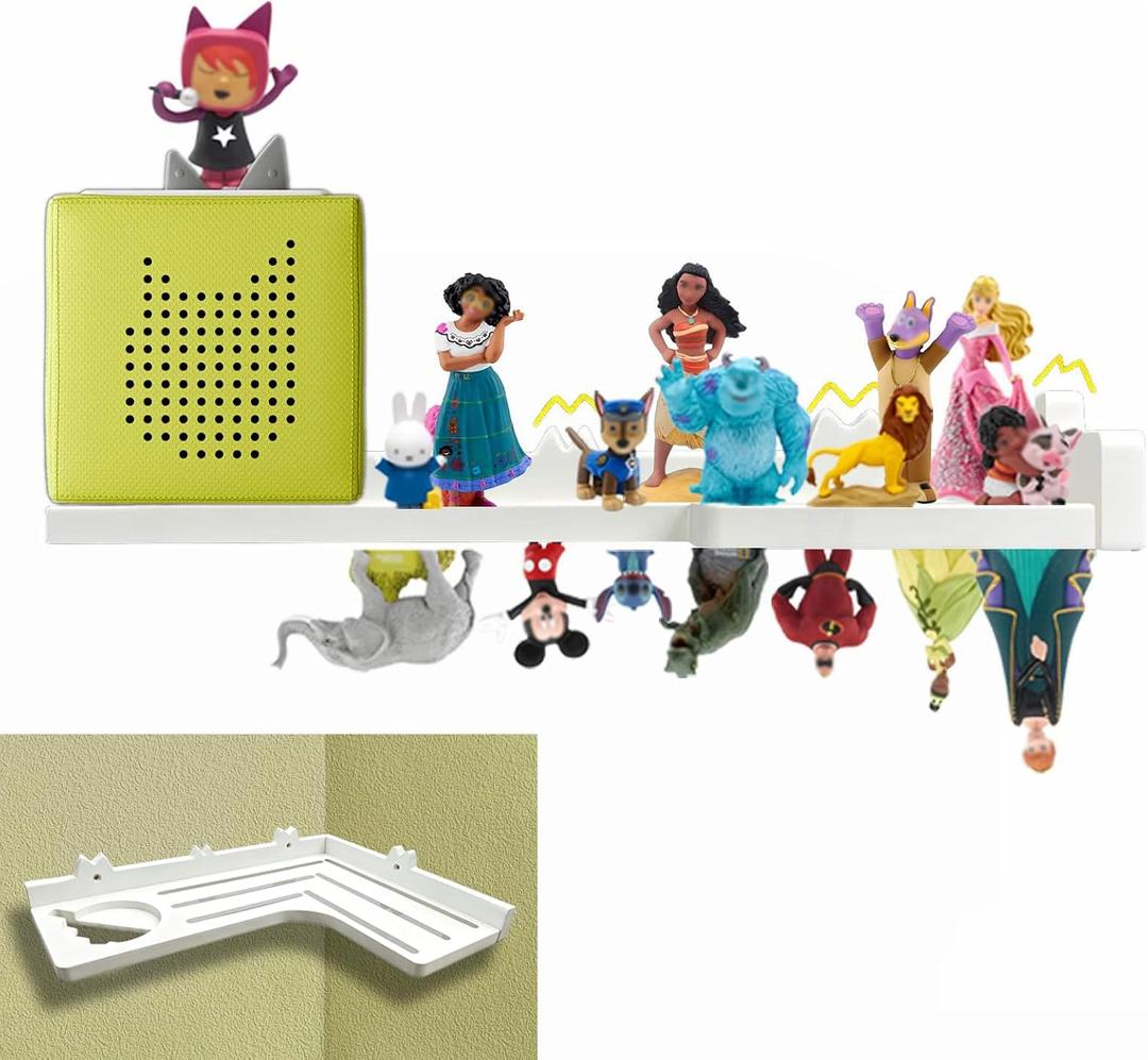 Tonie Corner Shelf for TonieBox Storage, Big White | Wooden Floating Shelves, Magnetic Strips, L-Shape, Display Toniebox Figures & Characters