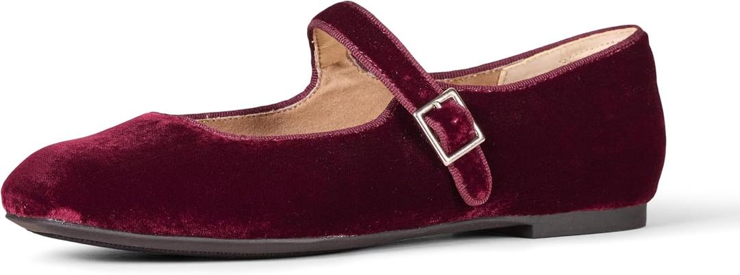 Amazon Essentials Womens Mary Jane Ballet Flat (5, Burgundy Velvet)