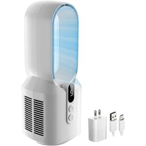 EZ-CHILL 14" Rechargeable Bladeless Tabletop Fan for Bedroom and Home, 5 Speed Settings, Display Screen, Non-Slip Feet, Ideal for Home Office, Quiet Operation, White