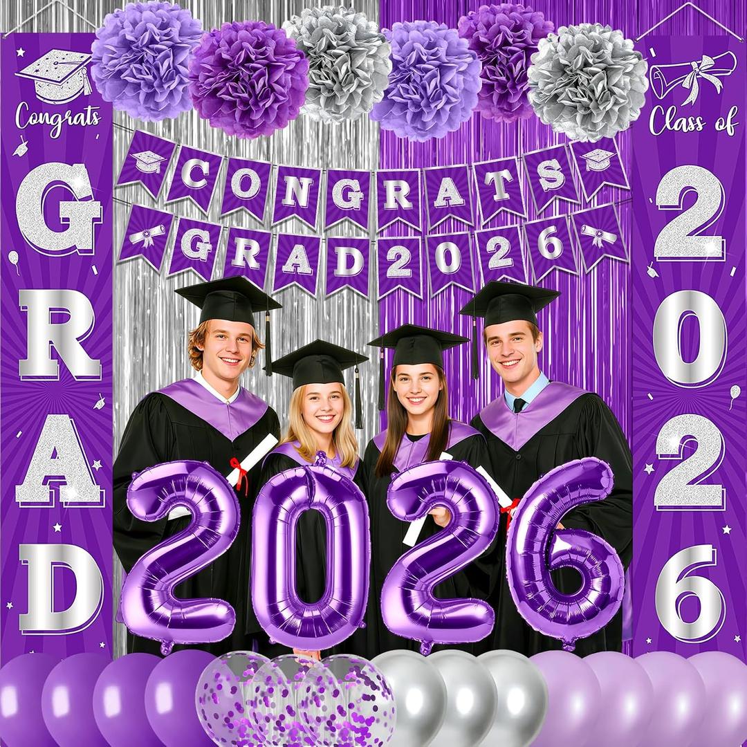 Purple and Silver Graduation Party Decorations Class of 2026 Purple Silver Graduation Decorations Set Include Congrats Grad 2026 Banner Balloon Foil Fringe Curtain Paper Pompom for College High School