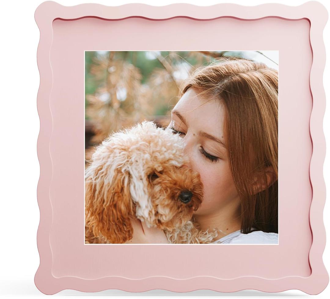 10x10 Picture Frame with Mat for 8x8, Wavy Edge Wooden Real Glass Photo Frame for Tabletop and Wall Hanging, Pink, 1 Pack