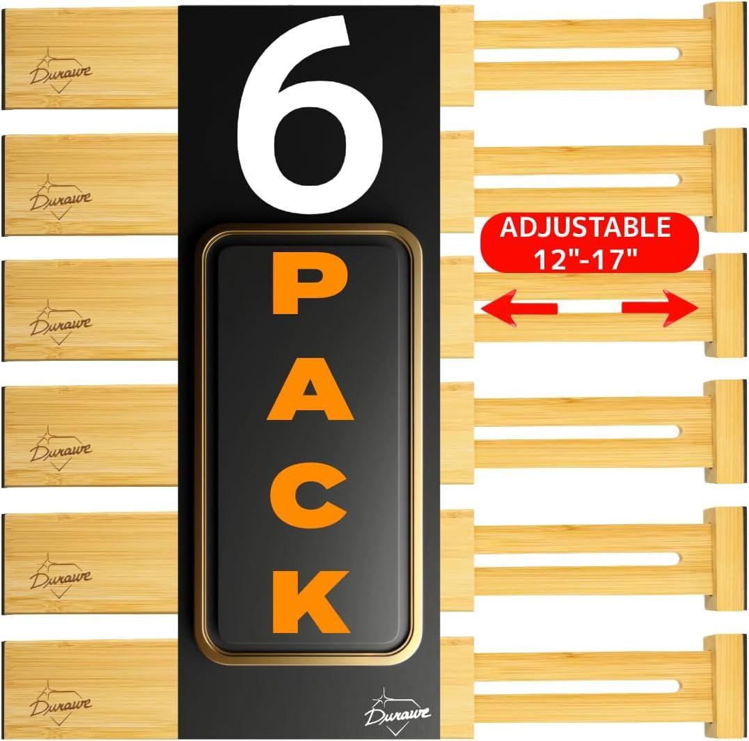 Adjustable Bamboo Drawer Dividers Organizers Expandable (12-17") Kitchen Drawer Organizer Spring Loaded for Kitchen, Dresser, Bathroom, Bedroom, Desk 6-pack