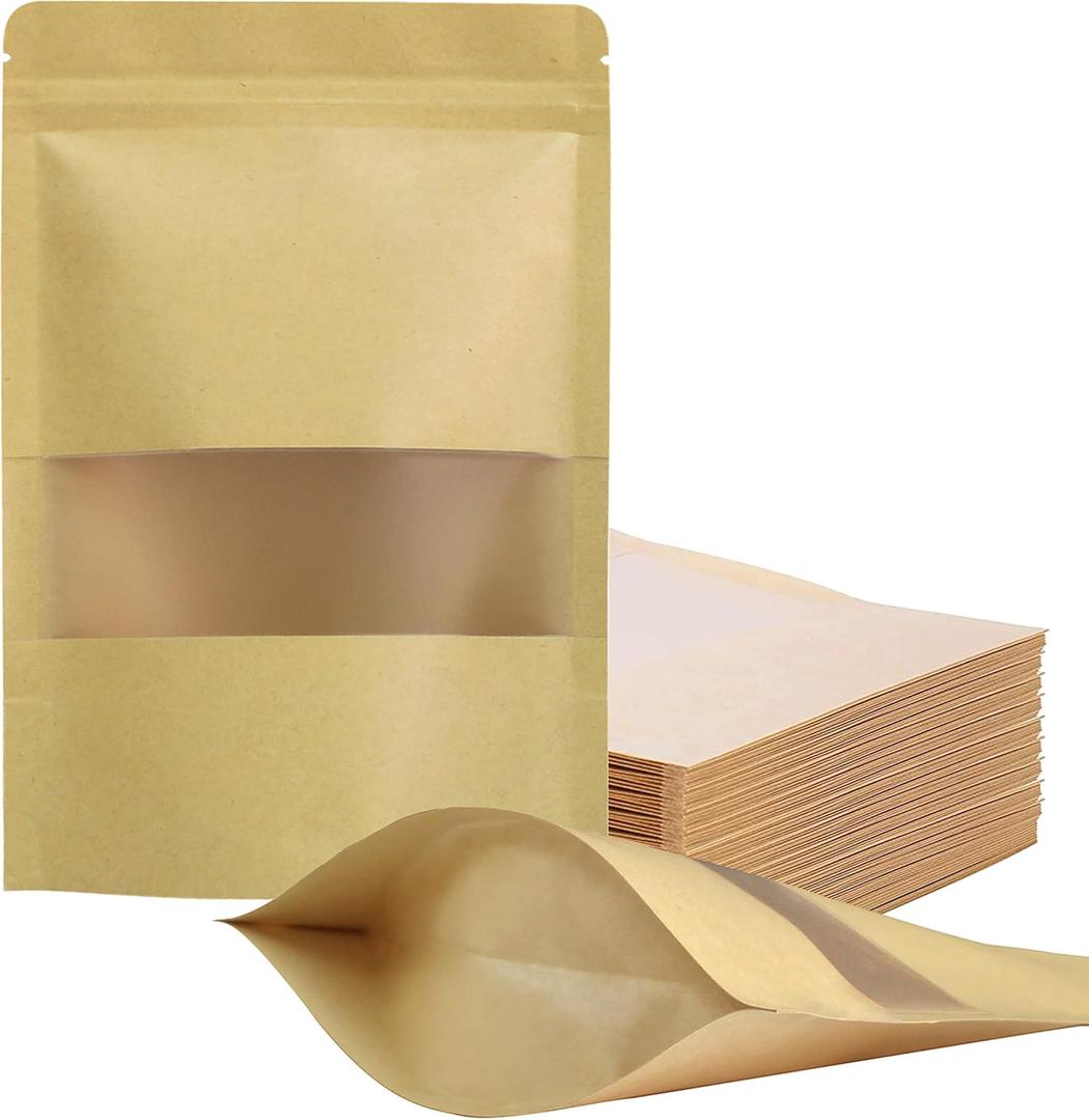 FireKylin 100 Pcs Resealable bags,5.5" x 7.9" Stand Up Paper Bags with Matte Window, Zipper Food Storage Bags for Packaging Products, Reusable, Sealable (Brown)