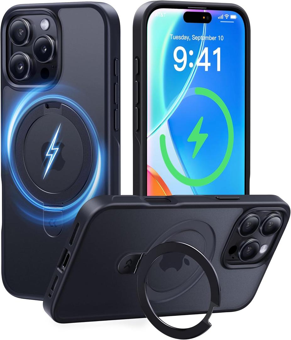 CASEKOO Ultra-Magnetic Stand for iPhone 16 Pro Case [Military Drop Protection] [Compatible with MagSafe] Shockproof Translucent Matte Slim Ring Holder Case for iPhone 16 Pro 6.3", Black