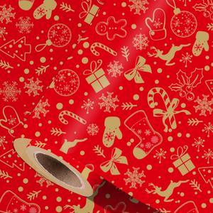 3 x Vichona Kraft Paper Christmas Wrapping Paper for Gifts, Red Xmas Party Decorations, Mini Roll 17 Inches x 16.4 Feet, Cute Christmas Wrapping Paper Roll for Kids, Xmas Stocking Snowflakes Reindeer