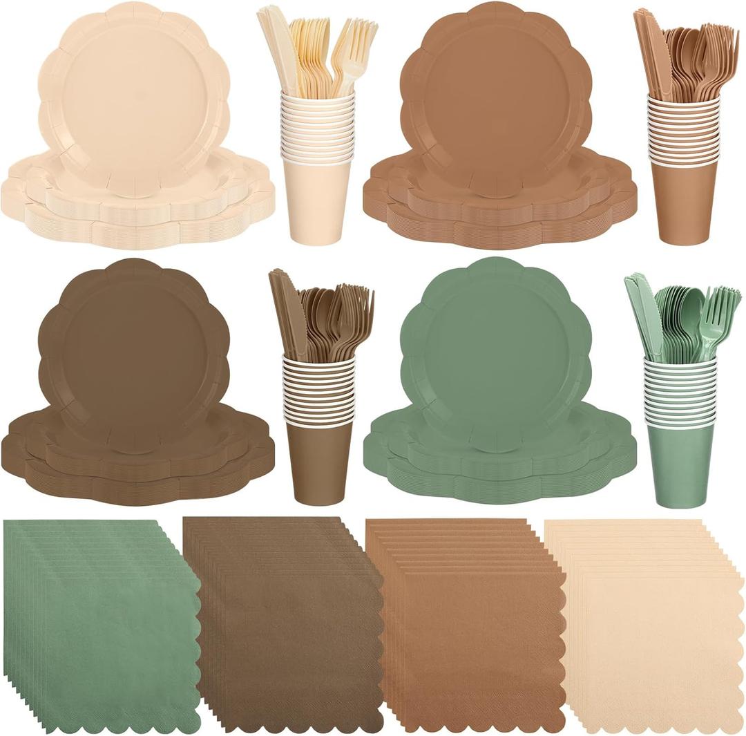 Qinyoung 388 Pcs Woodland Baby Shower Tableware Decorations Include Sage Green Brown Forest Scalloped Plate Paper Napkin Cup Plastic Cutlery for Safari Jungle Neutral Birthday Wedding, Serves 48