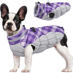 FUAMEY Dog Coat for Small Dogs,Waterproof Dog Winter Jacket with Harness Built in Puppy Cold Weather Coats Reflective Pet Vest with Zipper Warm Fleece Dogs Snowsuit Windproof Purple Plaid S