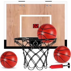 Indoor Basketball Hoop for Kids, Mini Basketball Hoops Over The Door and Wall Mount with Wooden Backboard, 3 Balls and Pump, Idea Toys Gifts for Kids and Adult