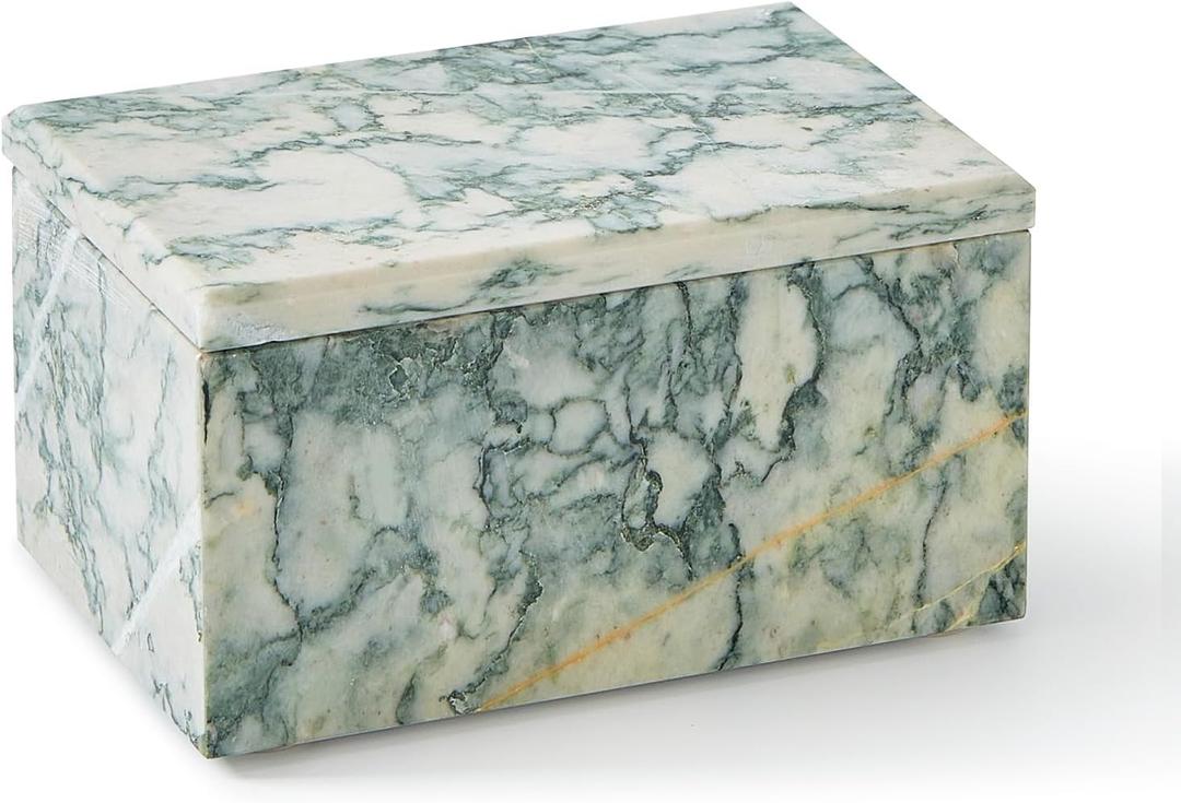 Natural Marble Storage Box with Lid, Rectangular Stone Organizer Box for Jewelry, Cotton Swabs, Makeup, 5.9x3.9x3.1 Inch Luxury Home Decor Marble Keepsake Box (Cyan-green)