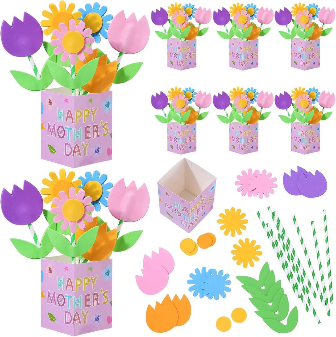 RoundFunny 8 Set Mother's Day Crafts Gifts DIY Mother's Day Foam Flower Straw Bouquet Craft Kit Spring Crafts Kit Bulk Flower Recipe or Picture Holder Decorations for Fun Activities