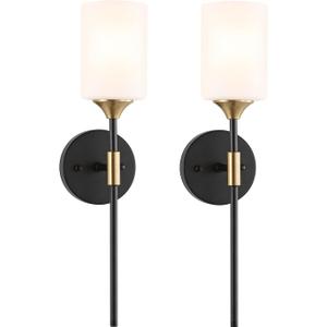 BYOLIIMA Industrial Mid Century Wall Sconce Set of 2 with White Cylinder Glass Shades Modern Bathroom Vanity Wall Lamp Black and Gold Finished Wall Light Fixture