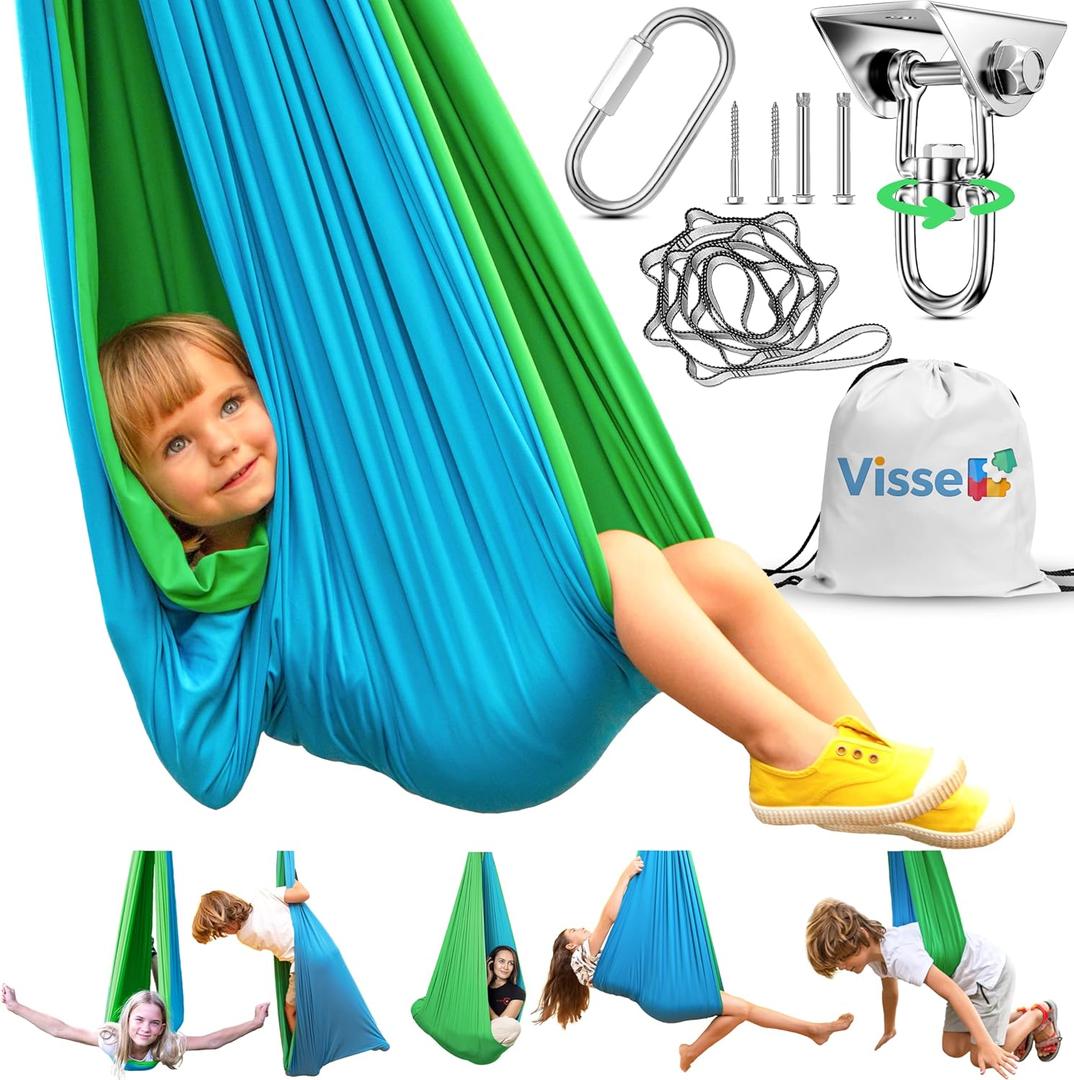 Sensory Swing for Kids Indoor - Calming Cocoon Therapy Swing 360 Hardware - Holds 300lbs - Indoor Outdoor Sensory Hammock - Autism ADHD SPD Trusted Sensory Support (Green/Blue)