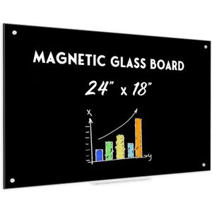 Black Dry Erase Board, 24" x 18" Magnetic Glass Whiteboard for Wall, Black Glass White Board with 1 Marker Tray and 3 Magnets for Office, Home, Classroom