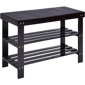 3 Tier Bamboo Shoe Rack Bench, 90cm Strip Pattern Stool, 35.43" x 11.02" x 17.72", Black