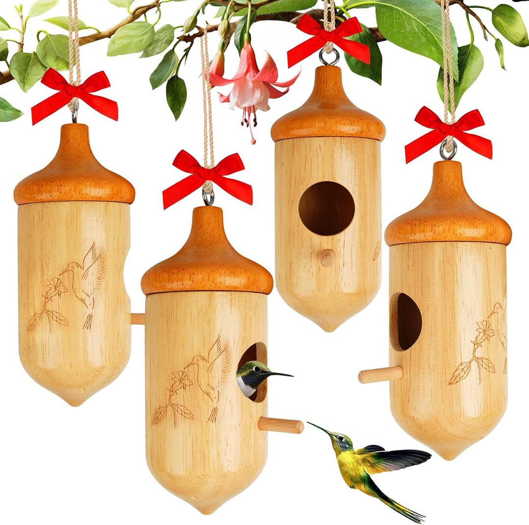 Hummingbird House, Wooden Hummingbird Houses for Outside - Handcrafted Natural Wood Birdhouse with Complete Hanging Kit (Bow & String) - Premium Gardening Gifts Decoration (Style-3, 4 Pack)