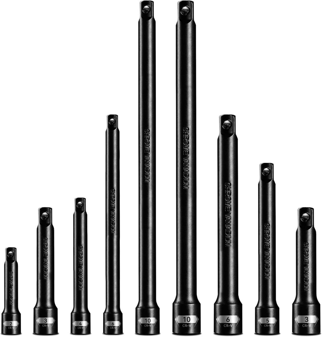 9 Pieces Impact Extension Bar Set, 1/4", 3/8" and 1/2" Drive Socket Extension, Premium Chrome Vanadium Steel with Black Phosphate Finish