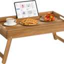 22"x14" Acacia Wood Folding Bed Tray Table, Extra Large Breakfast in Bed Tray with Raised 7.9" Leg Space, Foldable Legs, Tablet & Phone Slots, Cable Grooves, Food Tray for Bed