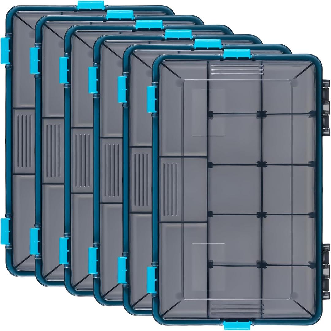 Wonderjune 6 Pack Fishing Tackle Boxes Waterproof 3600 and 3700 Tackle Trays with Removable Dividers Plastic Lures Terminal Storage Organizer Box for Bait Vault (3600, Blue)