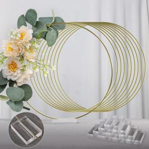 YALLOVE 10 PCS 12 Inch Floral Hoop Table Centerpiece, Metal Wreath Ring Stand with Crystal Clear Acrylic Base for Balloon and Flower Decoration, Flower NOT Included (Gold)