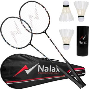 Nalax Badminton Set, 2 Player Badminton Rackets Professional Graphite High-Grade Badminton Racquet with 3 Shuttlecocks and 1 Carrying Bag for Outdoor Backyard Games Perfect for Adults Kids, One Size