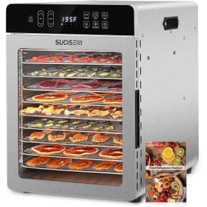 SUCICENI Food Dehydrator Machine 10 Stainless Steel Trays 9ft Dehydrator for Jerky, 1000W Dehydrator with 24H Timer 195 Temperature Control for Meat, Fruits, Veggies, Dog Treats