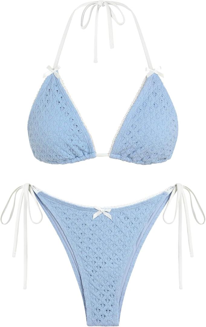 ZAFUL Women's Sexy Halter Bikini Sets Bow Decor Eyelet Openwork Bikini Swimsuits Tie Side Triangle Bathing Suits (1-b-Light Blue, S)