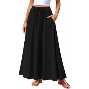 Aodemo Women's Flowy Maxi Skirt Summer Boho Pleated Elastic Waisted Casual Beach Long Skirts with Pockets, Large