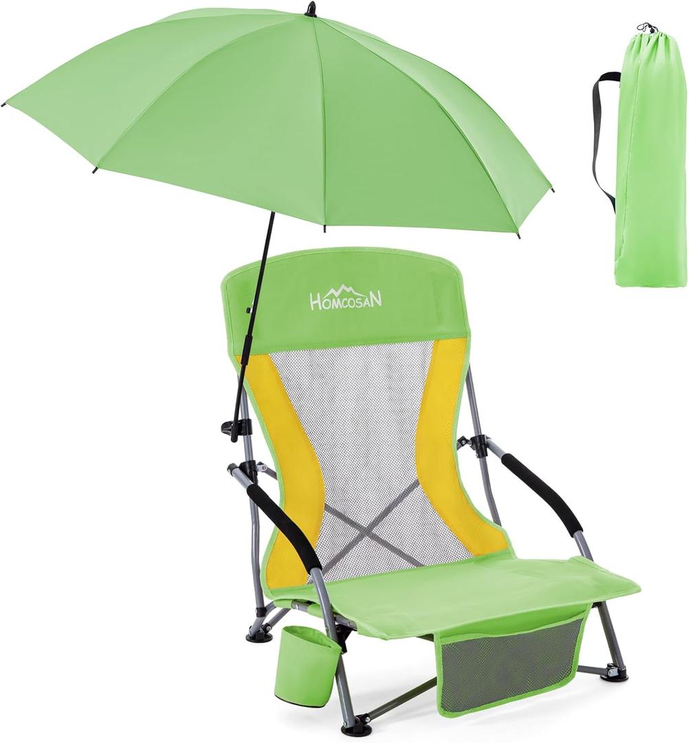 Homcosan Portable Low Folding Beach Chair with Detachable Umbrella - Lightweight Camping Chair for Adults with Cup Holder & Storage Pocket, Carry Bag Included (Green & Yellow) (1 Pack)