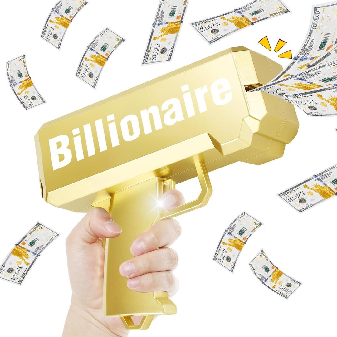 Gold Money Gun Shooter and 201 PCS Props (No real function) and Billionaire Stickers and 4 AA Batteries, Money Gun That Shoot Money, Make It Rain Money Thrower Gun Handheld Fake Gun Toy Party Supplies