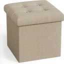 YOUDENOVA 15 inches Storage Ottoman Cube, Foldable Storage Boxes, Padded Seat for Dorm Living Room, Support 300lbs, Line Fabric Beige