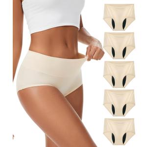 YESWEL Incontinence Underwear For Women, Reusable Washable Leak-proof Lightweight Briefs for Postpartum, Bladder Leak, 5 Pack (Beige, X-Large) (Beige, XL)