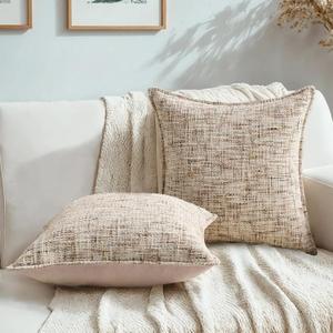HAUSSY 2 Pack Pillow Covers 22x22 Inch, Reversible Chenille Decorative Throw Pillows Farmhouse Boho Neutral Cushion Covers Home Decor Soft Pillowcase for Couch Living Room Sofa Bed(Beige Brown & Pink)