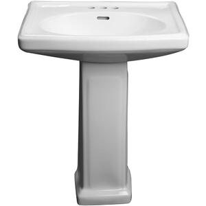 PROFLO PF14108 Alder Creek 25-1/2" Rectangular Vitreous China Pedestal Bathroom Sink with Overflow and 3 Faucet Holes at 8" Centers - White | Includes - Overflow and 3 Faucet Holes at 8" Centers - White