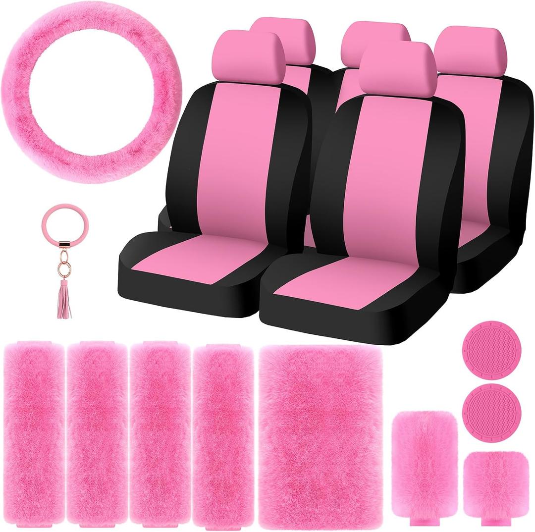 Riakrum 20 Pcs Car Seat Covers Full Set Car Accessories Includes Seat Protectors Fluffy Steering Wheel Cover Belt Shoulder Pads Handbrake Gear Cover Armrest Pad Women Men(Pink and Black)