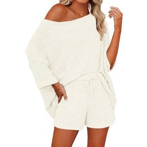 Mafulus Women's 2 Piece Outfits Sweater Sets Off Shoulder Knit Top Shorts Matching Suits Cute Pajama Lounge Set, S Mafulus Women's 2 Piece Outfits Sweater Sets Off Shoulder Knit Top Shorts Matching Suits Cute Pajama Lounge Set, S
