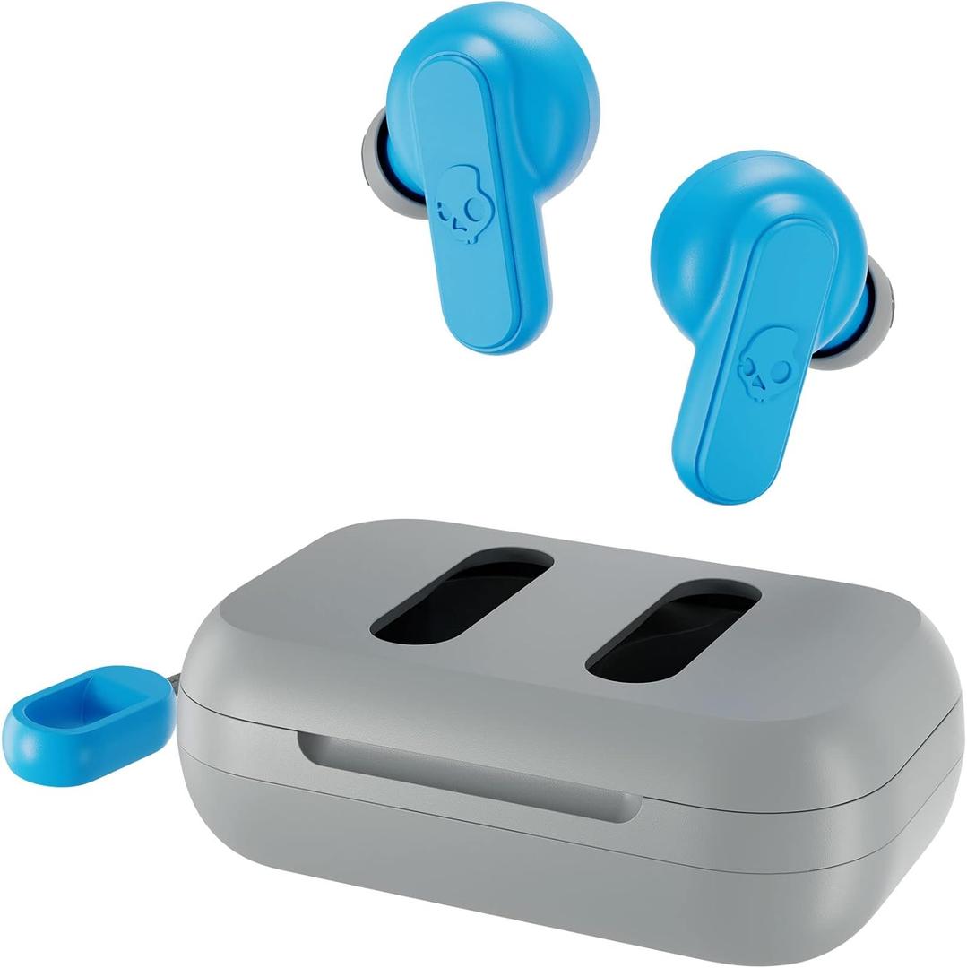Skullcandy Dime 2 Wireless Earbuds, Bluetooth Headphones, Noise Isolating Fit, Up to 12 Hours Battery, Microphone for iPhone Android, Easy Carry with Integrated Lanyard - Light Grey/Blue