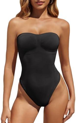 Fisoew Women's Strapless Shapewear Tummy Control Thong Bodysuit One Piece Tube Top Seamless Body Shaper, XS