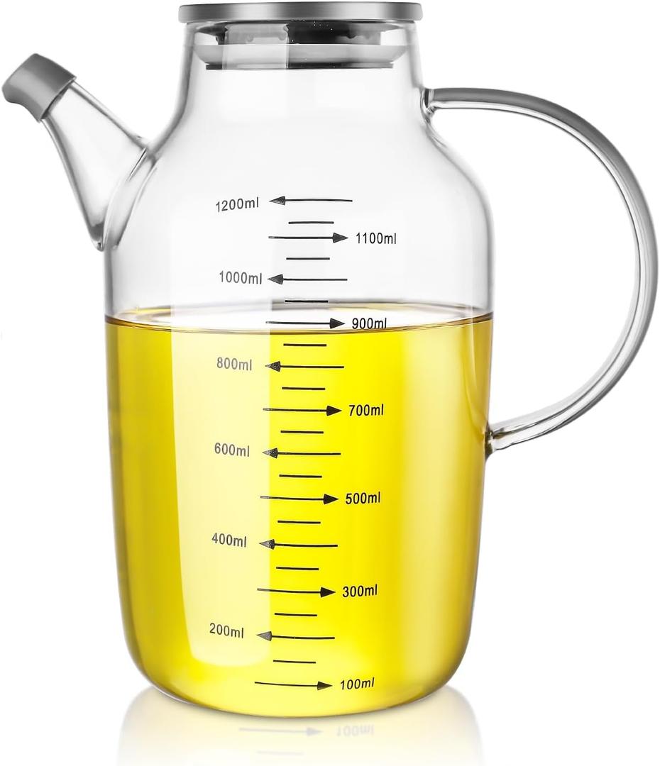 Large Glass Oil Dispenser Bottle - 1200ML Glass Olive Oil Bottle for Kitchen, Wide Mouth Borosilicate Glass Cooking Oil Bottles with Lid and Handle (40.6 Ounces)
