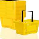 Only Hangers Plastic Shopping Baskets - Durable Yellow Plastic Set of Shopping Baskets with Stand and Sign - Set of 12 Plastic Baskets with Metal Handles