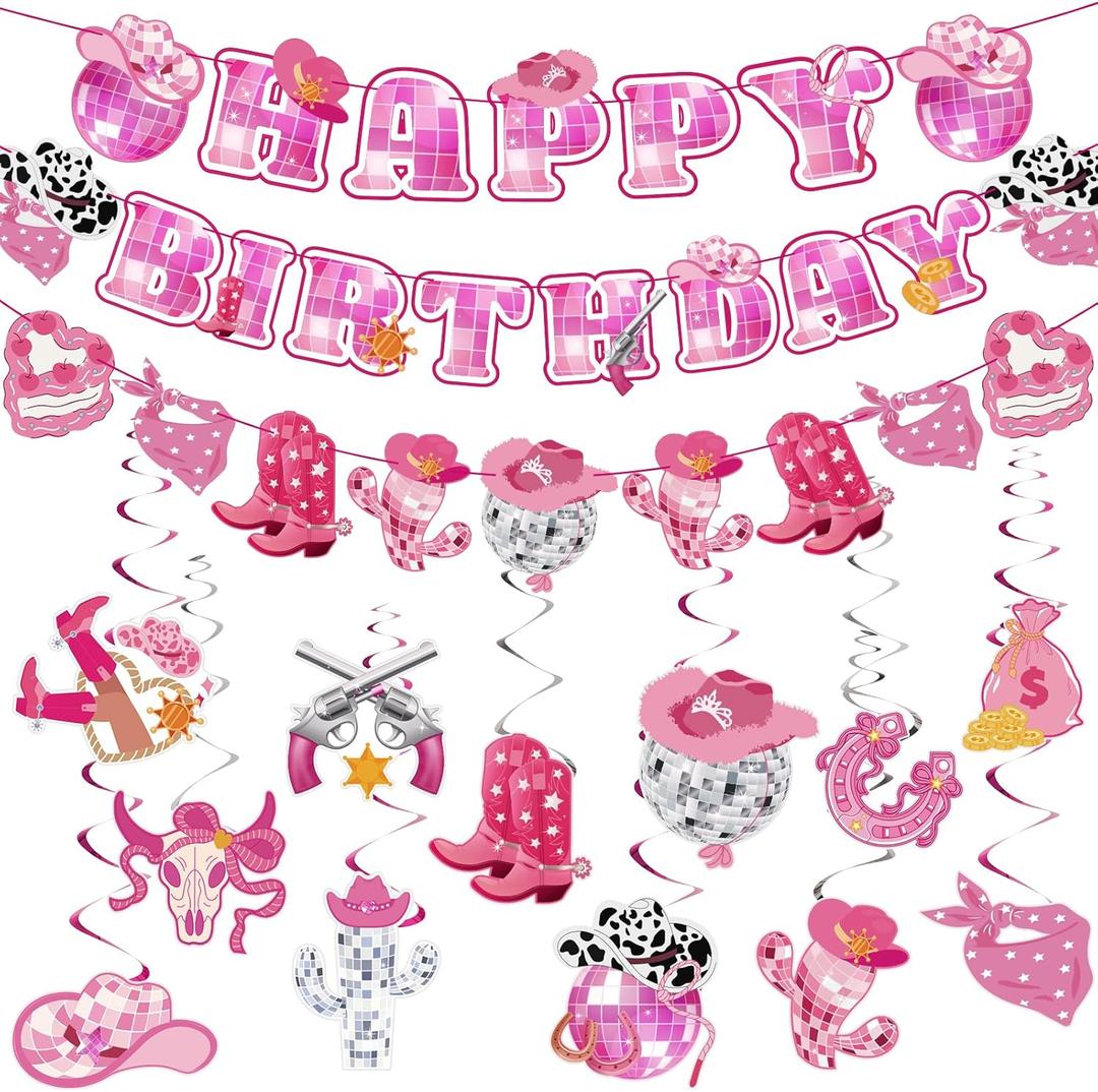 Disco Cowgirl Birthday Party Decorations, Pre-strung Happy Birthday Banners and 12 Hanging Swirls, Western Disco Theme Party Supplies for Girls, Teens, or Adults (Pink)