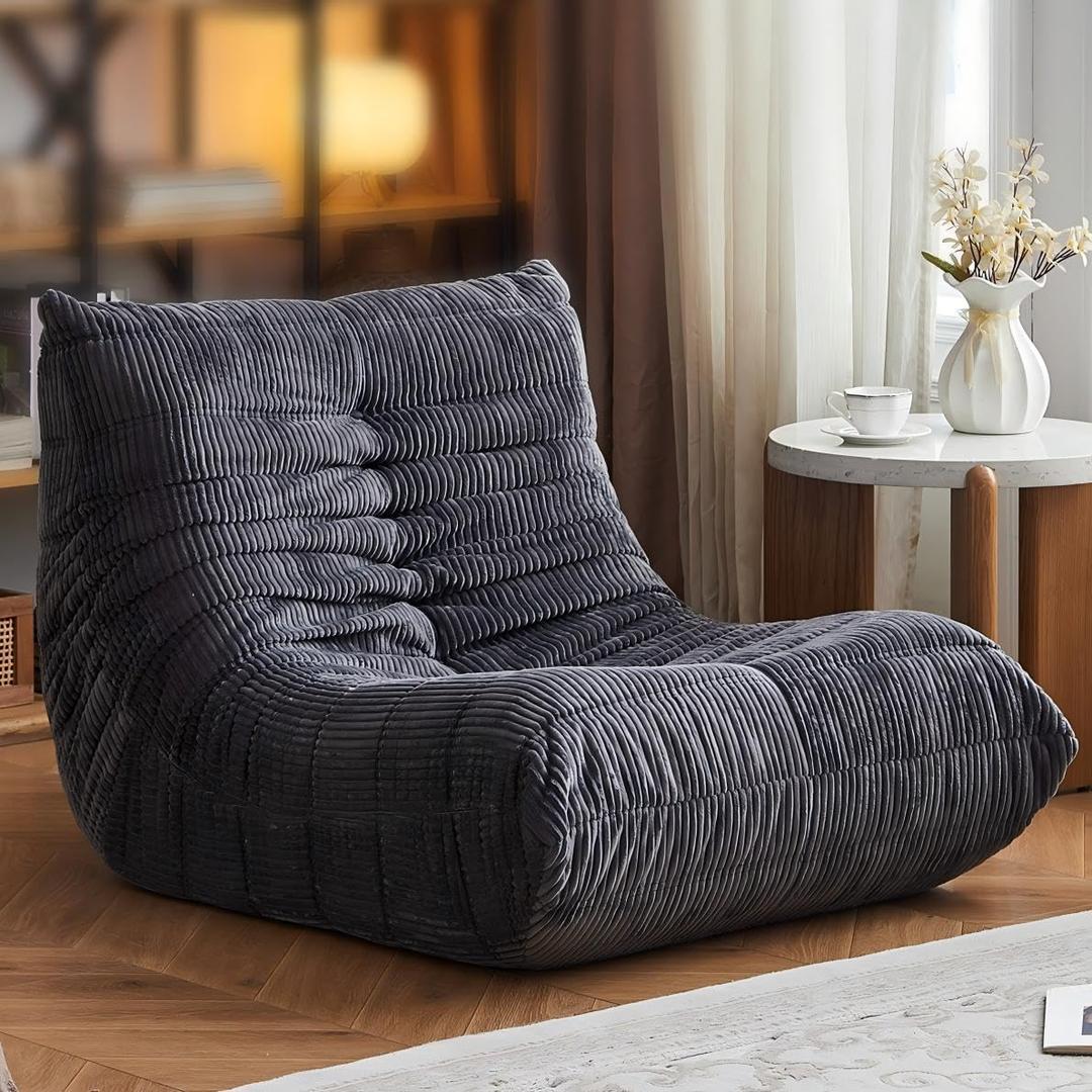 ZCUBED Large Bean Bag Chairs for Adults, Memory Foam Lounge Chair, Soft Corduroy Big Bean Bag Chair Lazy Sofa, Comfy Floor Beanbag Chair Single Sofa for Bedroom Living Room Fireside Book Nook, Grey, 40.5 inches x 38 inches x 31.5 inches