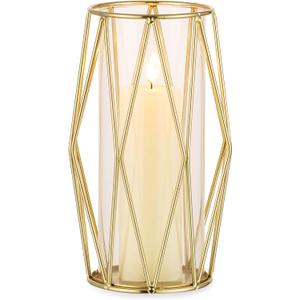 Nuptio Gold Pillar Candle Holder: Glass Hurricane Candles Holders with Geometric Metal Rack Stand for Wedding Birthday Party Centerpieces - Decorative Flower Vase for Office Living Room (Large)