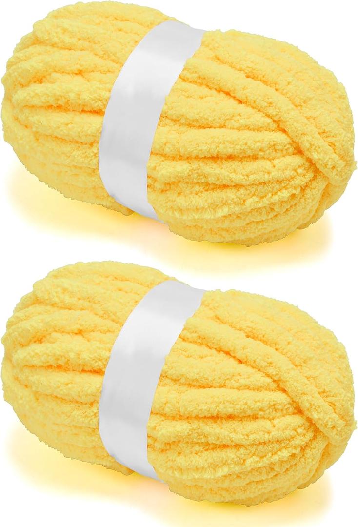 Chunky Chenille Yarn for Crocheting/Arm Knitting, Super Soft Jumbo Knit Blanket Yarn Yellow 2 Pack (32 yds, 8.5 oz Each Pack)